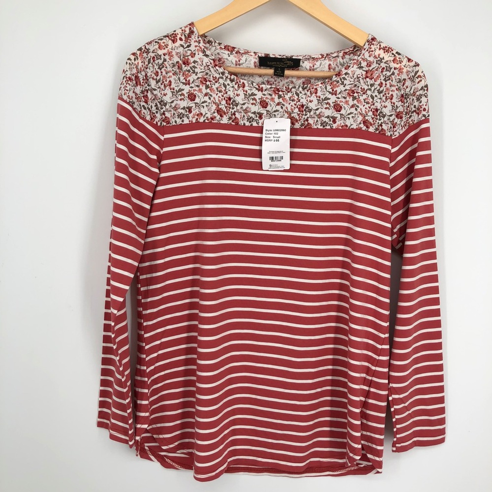 Suzanne Betro Womens Top Size Small Pink Floral‎ Mixed Print Striped Stretch NWT
